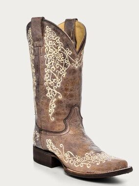 CORRAL TEEN FLORAL EMBROIDERY SQUARE TOE COWBOY WESTERN BOOT A2980 BROWN SIZE 3